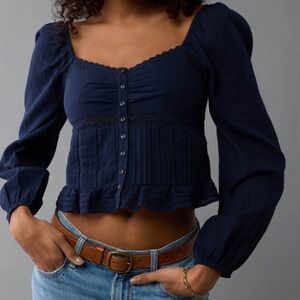 Navy Square-Neck Button Front Peplum Top - Women